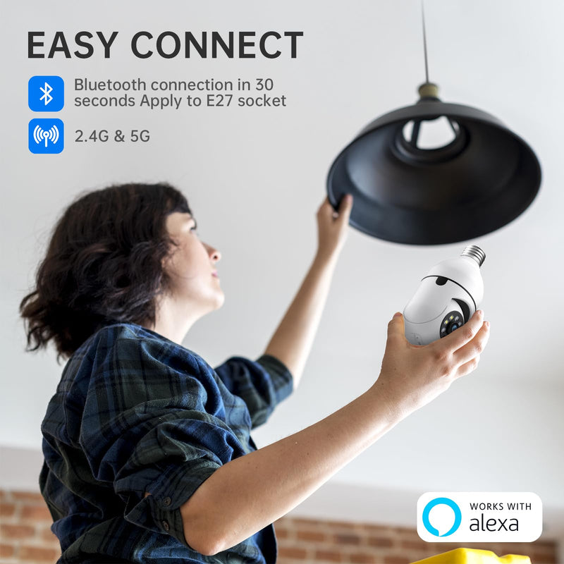 Light Bulb Security Camera 2 Packs, 5G&2.4GHz 2K Security Cameras Wireless Outdoor 360° PTZ Cameras for Home Security with Color Night Vision, 2 Way Talk, AI Human Detection, Screw in Light Socket White 2pack