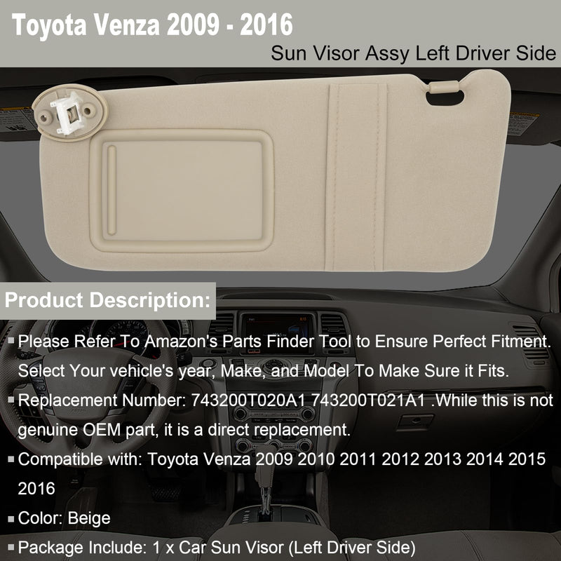 NHILES Driver Left Side Sun Visor Replacement Fits for Toyota Venza 2009-2016 Sunshade 743200T021A1 Color: Beige Beige(Left Driver Side)