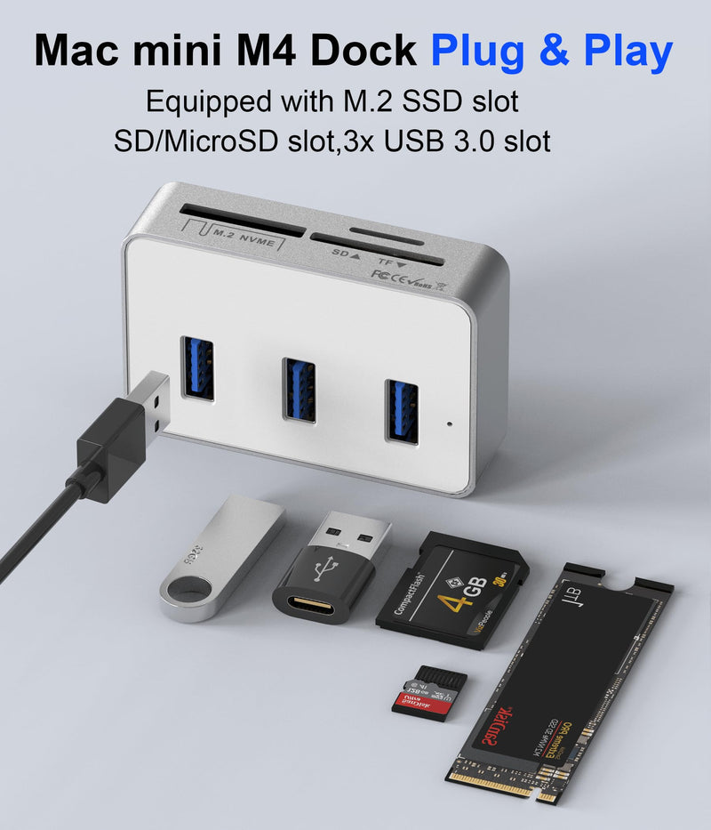 Mac mini M4 Dock with NVMe SSD Enclosure - Aluminum 6-in-1 Hub for Mac mini M4/M4 Pro 2024 with M.2 NVMe SSD Slot, 3X USB 3.0 Ports, SD & MicroSD Card Readers, 10Gbps Data Transfer in Silver