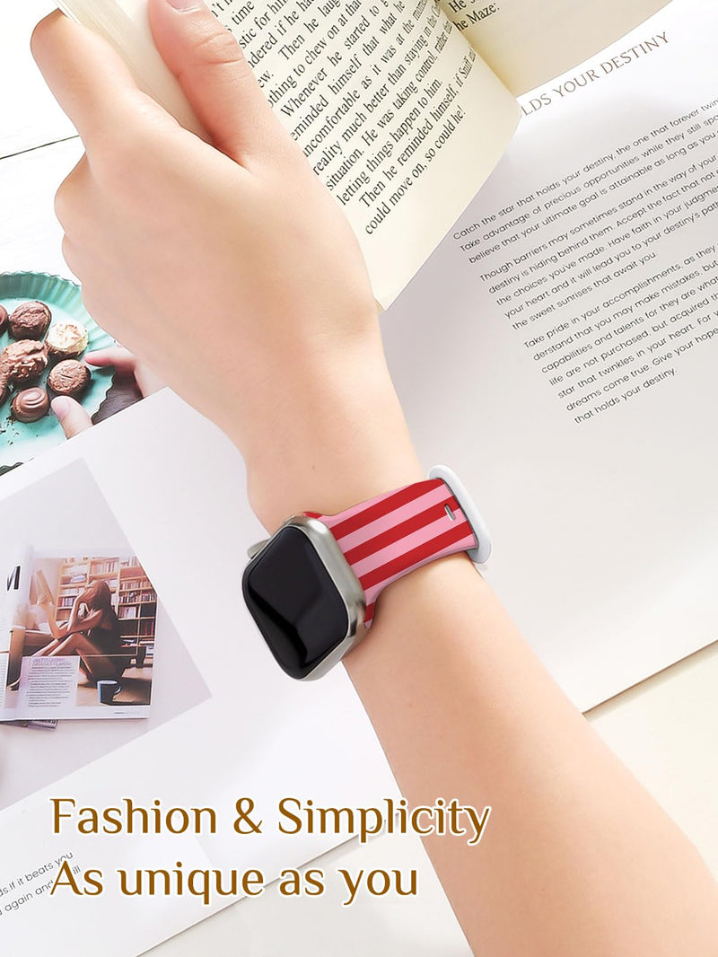 Cute Watch Band Compatible with Apple Watch for Cherry Bow Watch Strap Women, Soft Silicone Compatible with iwatch Series 11 10 9 8 7 6 5 4 3 2 1 SE Ultra 38 40 41 42 44 45 46 49mm Striped - red 38mm/40mm/41mm/42mm(Series 11 10)