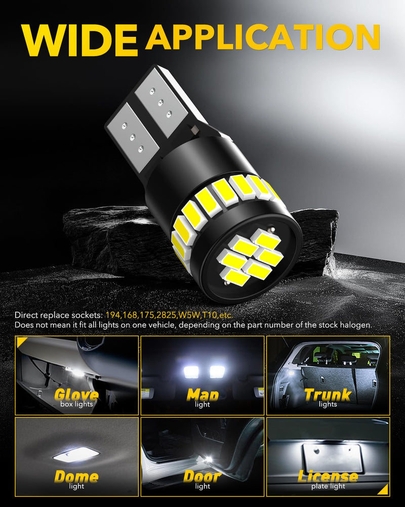 AUXITO 194 LED Light Bulb 6000K White 168 2825 W5W T10 Wedge 24-SMD 3014 Chipsets LED Replacement Light Kit Error Free for Car Interior Dome Map Door License Courtesy Dash Lights, Pack of 10 Xenon White