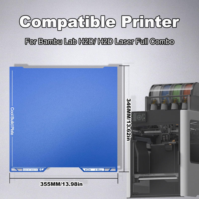 355x346mm Cold PEI Build Plate for Bambu Lab H2D/H2D Pro/H2S, Low Temp Printing Bed, Flexible Magnetic Spring Steel Sheet, Double-Sided Textured, UltraTack Coating, Blue Textured PEI 355x346mm