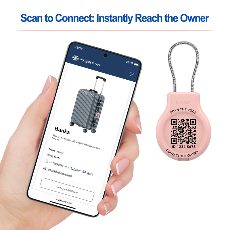 Pro 2-in-1 Waterproof Luggage Tracker & QR Code [iOS Only], 1-Pk | Works with Apple Find My | Lost-and-Found QR Code | Anti-Theft & Anti-Collision | Flight-Safe Replaceable Coin Cell Battery Pink iOS Only