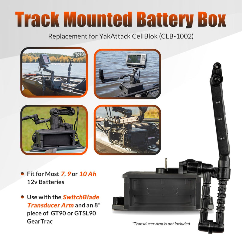 Track Mounted Battery Box for Fish Finders, Replace for YakAttack CellBlok (CLB-1002), Compatible with YakAttack Switchblade Transducer Arm, Fit for Most 7, 9, or 10 Ah 12v Batteries