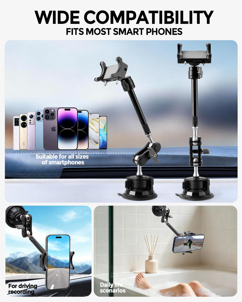 Semi Truck Phone Mount for Drivers, 360° Anti-Shake with Extension Rod | Class 8 Cab Suction Mount, Ultra-durable Metal, Fits Most Smartphones or Kenworth, Peterbilt, Freightliner Extended black