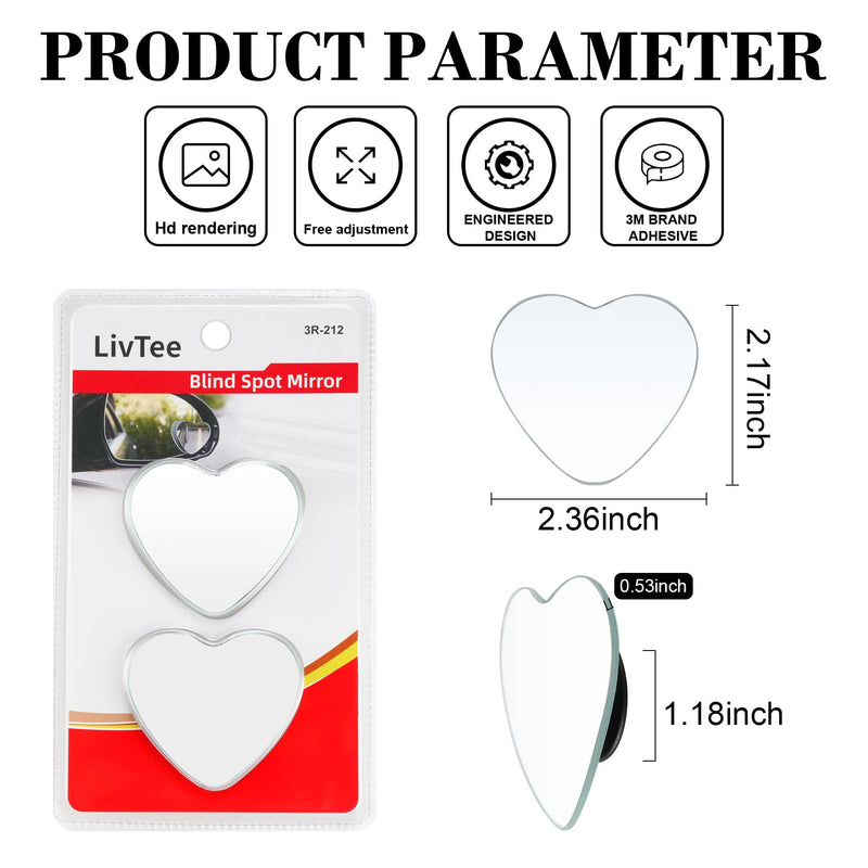 LivTee Blind Spot Mirrors, Heart Shaped HD Glass Frameless Convex Rear View Mirrors, Wide Angle Adjustable Stick for Side Mirror, Automotive Exterior Accessories for Car, SUV & Trucks, Pack of 2