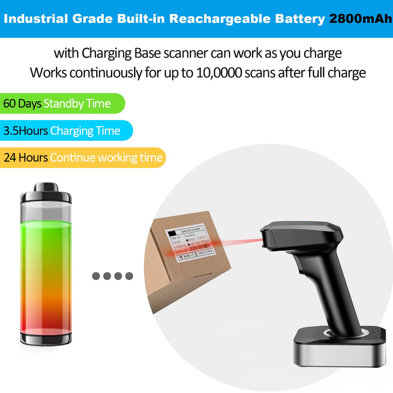 Alacrity 2D QR Wireless Barcode Scanner with Charging Base and Battery Level Indicator Bluetooth & 2.4GHz Wireless & USB Wired 3 in 1 Connection Handsfree Auto-Sense Barcode Reader Scanner