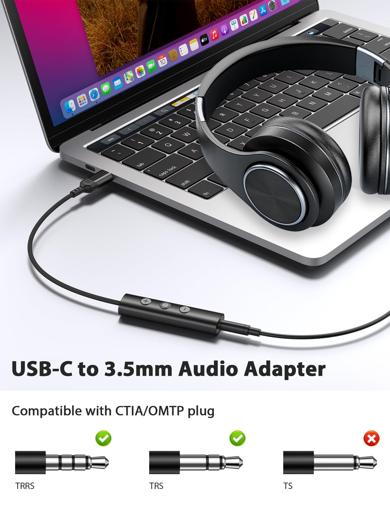 USB C to 3.5mm Headphone Aux Jack Adapter Cable with in-Line Control | Type C to 3.5mm Audio Converter AUX Dongle Braided Cable Type C Earbuds Adapter for iPhone 17 16 15/Samsung S26 S25 S24,Black Black
