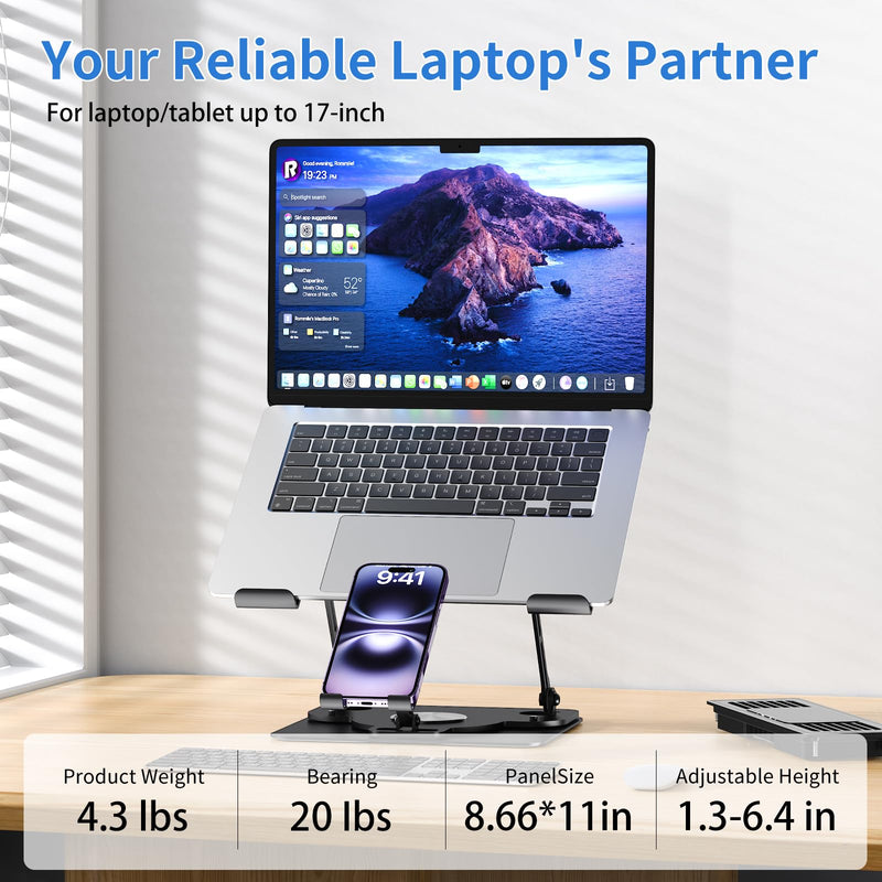 Laptop Cooling Pad with Detachable Fan & Cooler, 2-in-1 Laptop & Phone Stand, Adjustable Angle, 360° Rotatable Base, Carbon Steel, Ultra-Quiet & Super Sturdy for Laptop (Black) Black