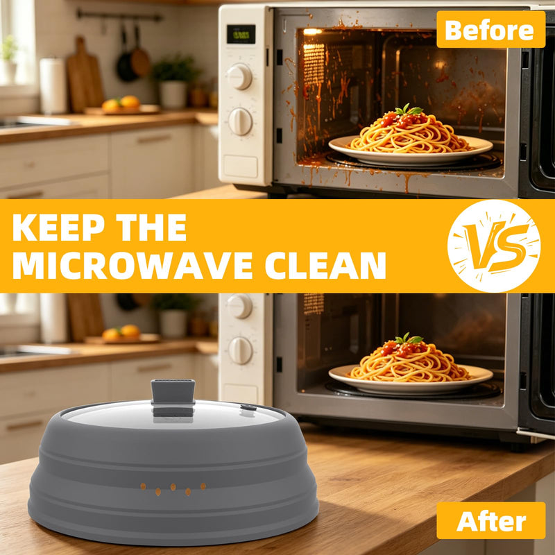 Microwave Splatter Cover Glass Cover Guard Lid with Collapsible Silicone for Food Pot Plate Cover 9.8 inch Light Grey