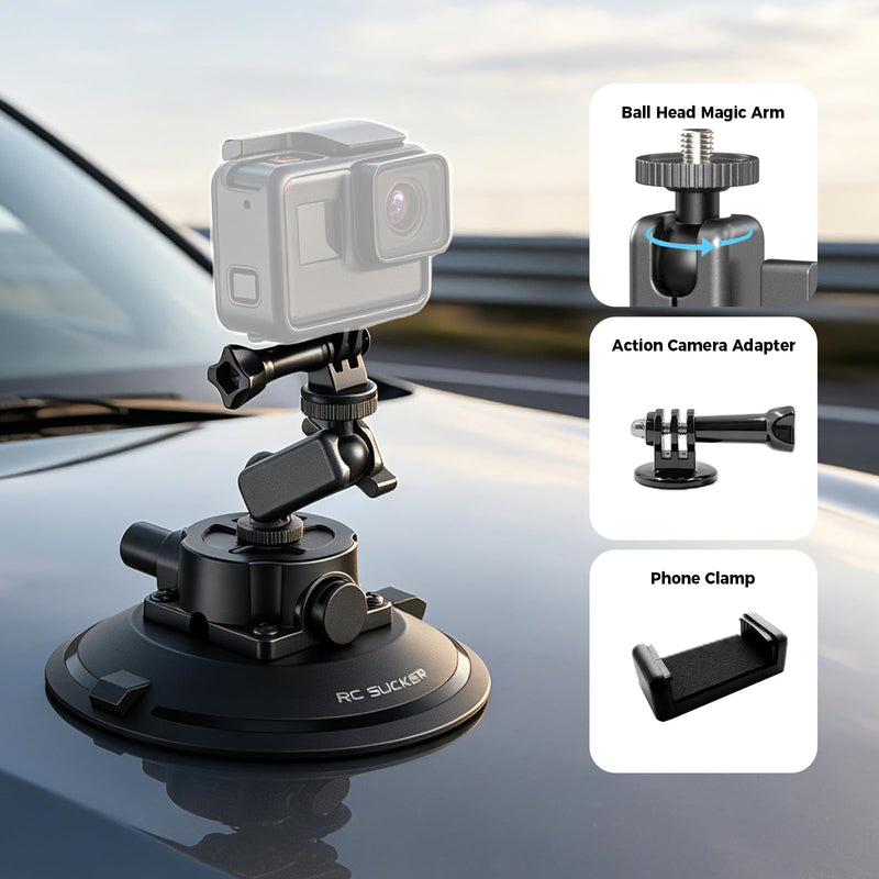 4.5 Inch Vacuum Suction Cup Camera Mount, Car Windshield Holder with Ball Head Magic Arm, 1/4" Thread for Mirrorless, Action Cam & Phone – on Car Windshield, Glass, Tile, Roof 4.5"
