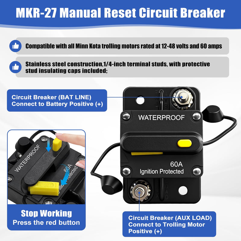MKR-27 60 AMP Circuit Brea ker 1865115 &1865120 MKR-28 Trolling Motor Plug for Minn Kota Freshwater and Saltwater Marine Battery Boat Accessory Waterproof 12V 24V 36V 48V Trolling Motor Plug Kit
