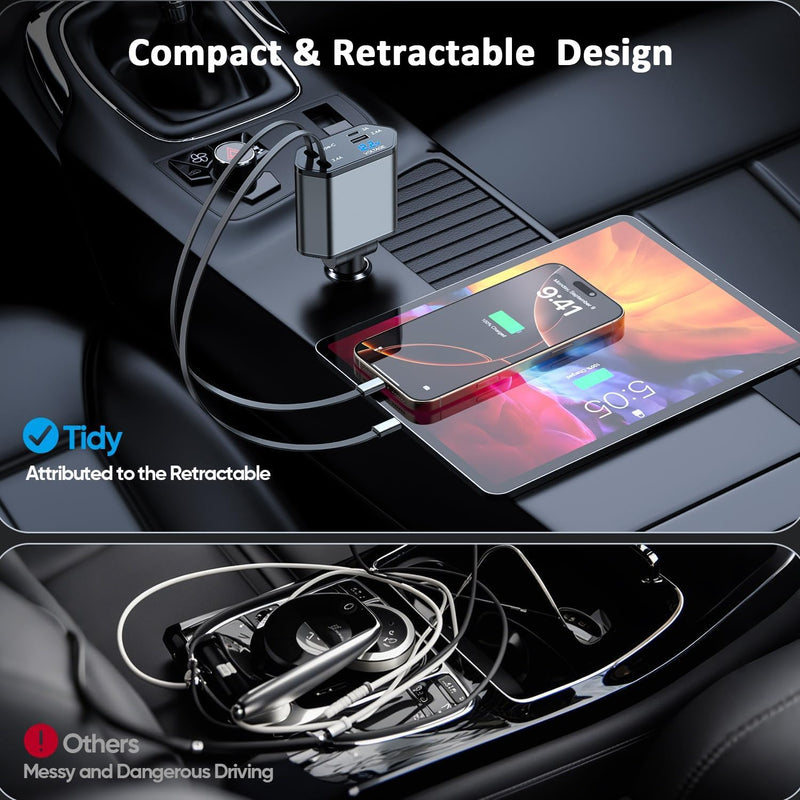66W 4 in 1 Retractable Car Charger,2Pack Car Charger USB Fast Charge with Dual Retractable USB C Cable and Lightning Cable,USB C Port and USB A Port Charging Compatible with iPhone 17/16/15/14/13/12