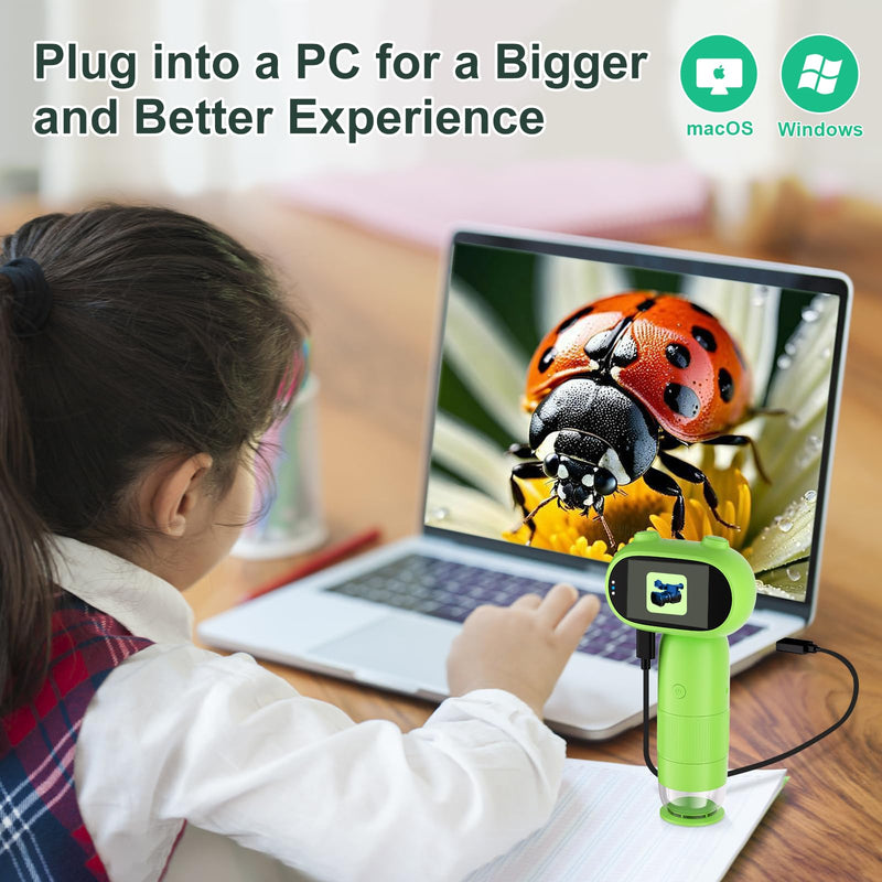 1000X Pocket Microscope for Kids – Railhorn Mini Microscope with 2" LCD Screen, 16MP Camera & 1080P Video, Handheld Magnifier with Light for Coins, Slides & Nature Exploration, STEM Toy for Ages 3-12