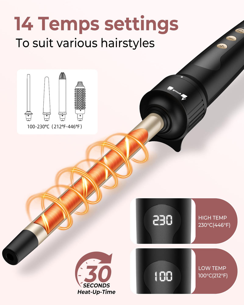 38mm Thermal Brush, UKLISS 4 in 1 Hot Hair Brush Set, 9/13-25/32mm Curling Iron for Short & Long Hair, 14 Temps LCD Display (210-450℉), 4 Interchangeable Barrels to Create Curls & Add Volume for Hair Classic Black(4 in 1 Set)