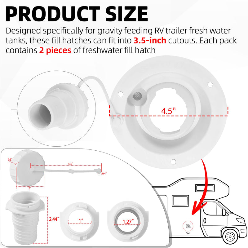TonGass (2-Pack, White) Universal Fit Gravity Feed Fresh Water Fill Hatch Inlet for RV Trailers, 4.5" Diameter Fill Hatch Inlet - With 1-1/4 Barbed Connector, Bayonet-Style Cap and 1/2" Air Vent