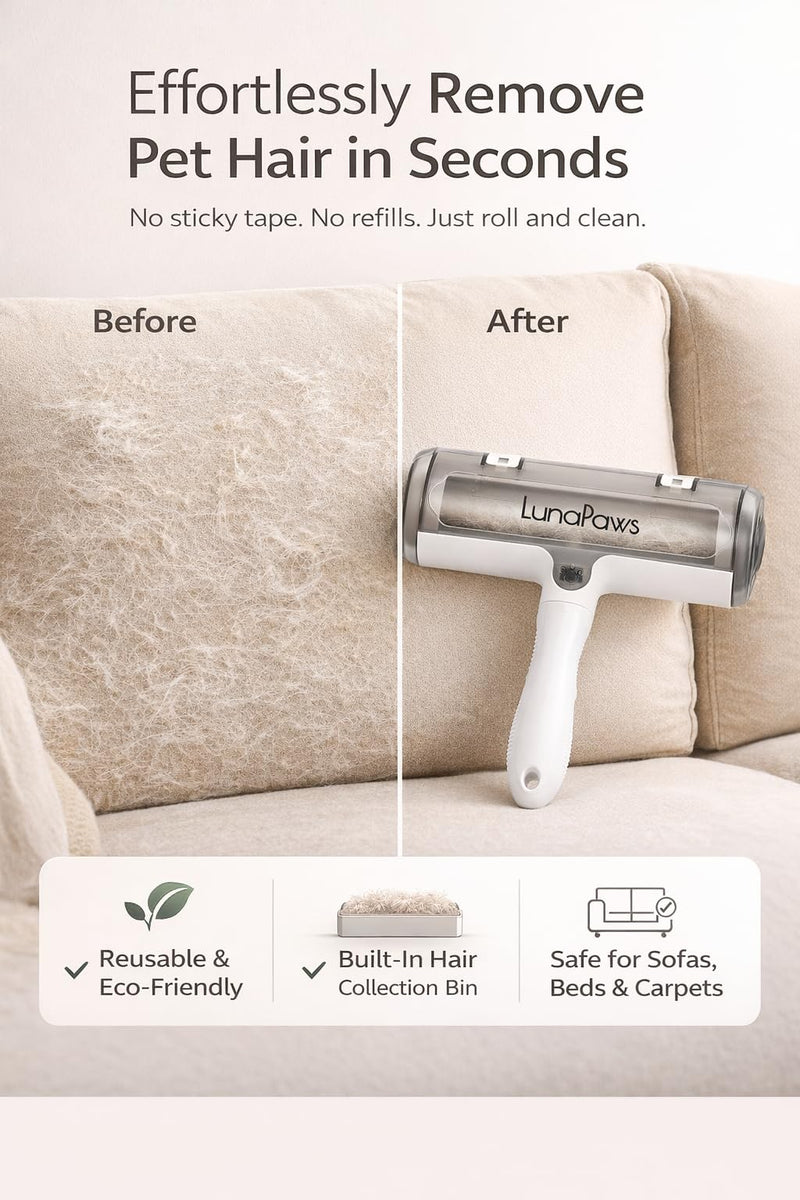 Reusable Pet Hair Remover Roller – Washable Reusable Lint Roller for Dog & Cat Hair on Sofa, Carpet, Clothes & Car – Internal Hair Collection Chamber, Eco-Friendly Design