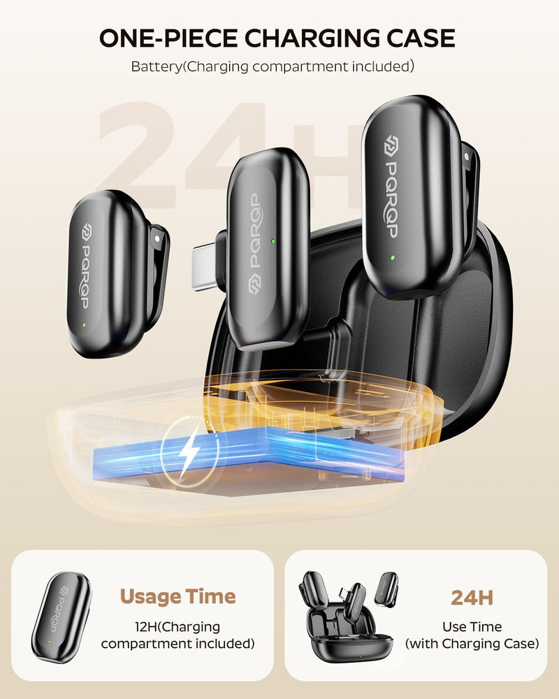 PQRQP Wireless Lavalier Microphone for iPhone/iPad/Android, 164ft Transmission, Mini Microphone with AI Noise Cancellation & Hi-Fi Sound, 24H Charging Case, Mic Ideal for Video Recording Glossy Black