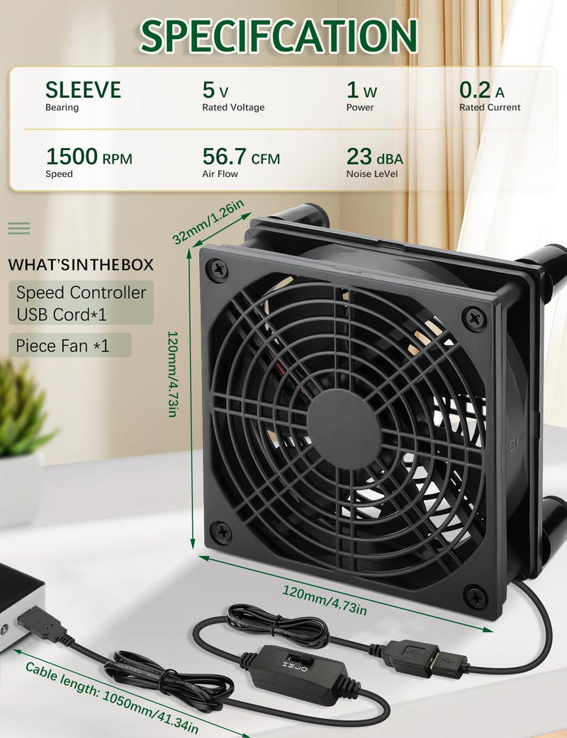 USB 120mm Computer Cooling Fan 5v 3 Speed Controller Quiet Cooling for Router Xbox PlayStation Receiver DVR T-Mobile 5G Home Internet Gateway Modem Mini PC 120mm USB 5v