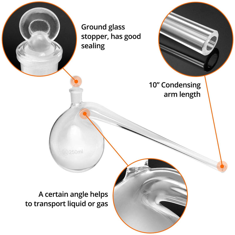 QWORK Distillation Retort, 250ml Lab Distillation Apparatus with Round Bottom and Ground Glass Stopper, for Distilling High Boiling Liquids