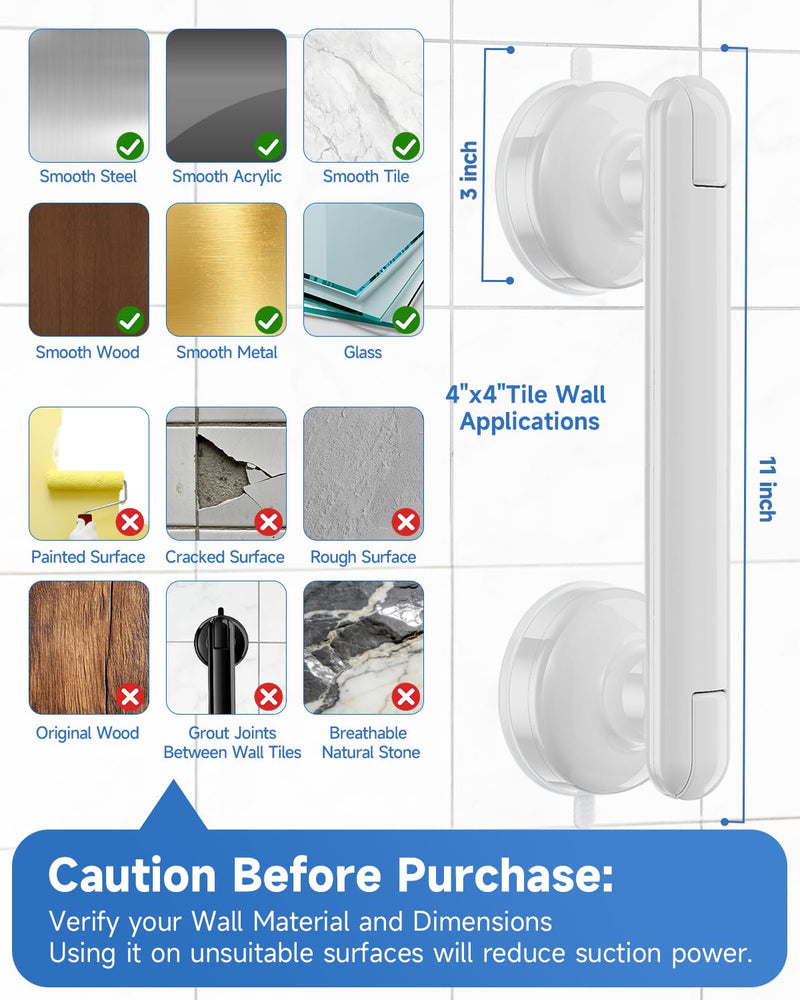 Suction Shower Handle, 2 Pack Grab Bars for Shower and Bathroom, Removable Safety Grip No Drilling & Waterproof, Heavy Duty Suction Cup Bath Handrails Grab Bars for Bathtubs, 11 inch - White