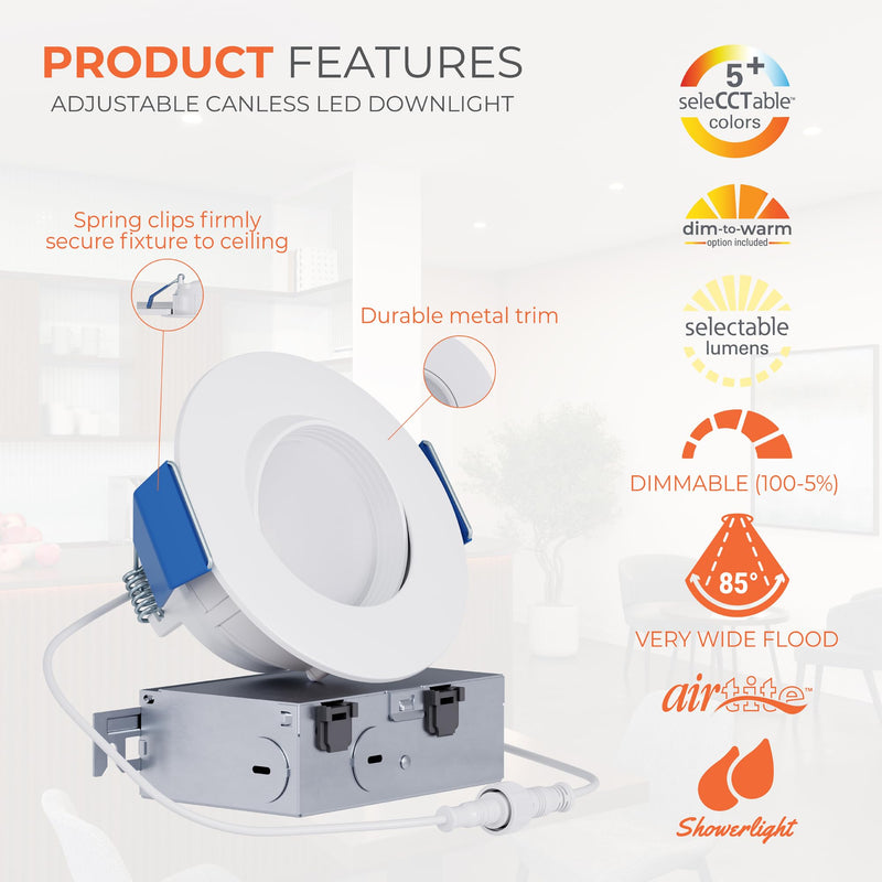 HALO RA 4 in Canless LED Recessed Downlight with Adjustable Gimbal, Selectable Lumens and Selectable Color Temperatures, Dim-to-Warm Technology, Damp Location Rated - RA4LS9FSD2W1EWHDM White