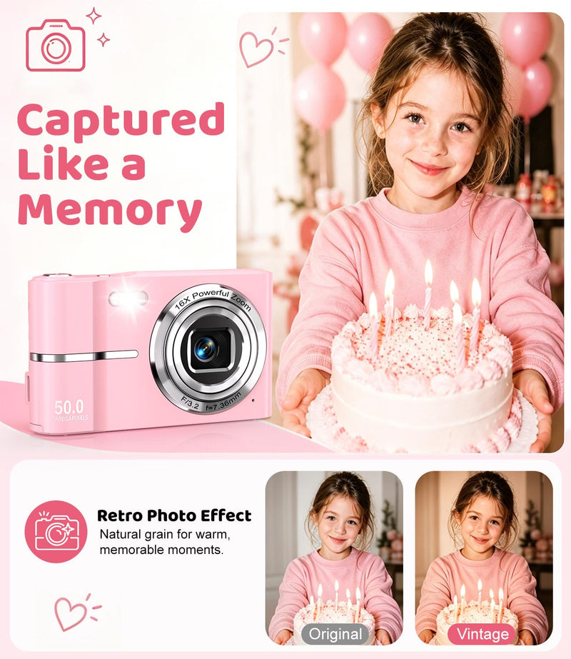 Pink Digital Camera, 50MP FHD 1080P Portable Point and Shoot Camera, Small Digital Camera with 16X Digital Zoom, Anti-Shake Vlogging Device for Daily Life, Travel, Kids, and Beginners Pink