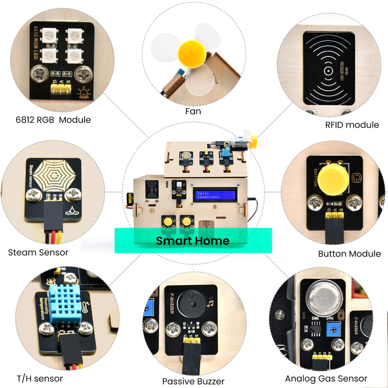 KEYESTUDIO IOT ESP32 Smart Home Starter Kit for Arduino and Python,Electronics Home Automation Coding Kit, Wooden House DIY Sensor Kit STEM Educational Set for Adults Teens 15+