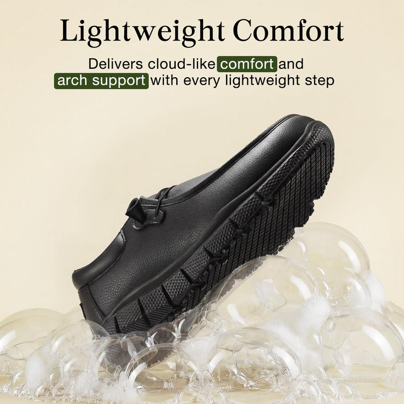 NINGO Non Slip Work Shoes for Men, Comfortable Slip On Restaurant Shoes, Lightweight Mens Food Service Shoes with Water & Oil Resistant, Breathable Black Walking Loafers for Chef, Kitchen 10.5