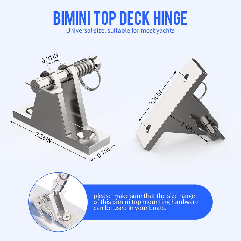 Bimini Top Deck Hinge Kit - 316 Stainless Steel Marine Hardware with Quick-Release Pins, 4 Hinges + 10 Impact Screws - Corrosion-Proof Mounting for Boats, Kayaks, Canoes