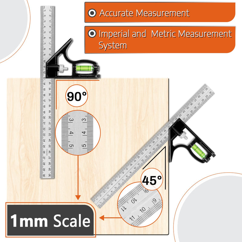 12" Advanced Rafter Square and Combination Square Set, 12 Inch Imperial Carpenter Square Woodworking Framing Square, Triangle Protractor Layout Ruler Tool