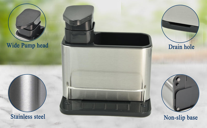 Soap Dispenser for Kitchen & Bathroom Sink with Sponge Holder and Brush Holder, Dish Soap Pump Sink Caddy for Countertop, Stainless Steel