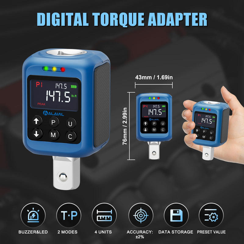 Digital Torque Adapter 1/2", 2.2-147.5 Ft-lb/3-200 Nm, Digital Torque Wrench Converter with ±2% Accuracy, Buzzer and LED Indicator, 2 Modes, 4 Units, 3/8'' & 1/4'' Adapters for Car, Moto