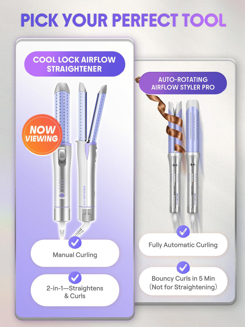 SHEGLAM Hair Curler and Straightener, Manual Airflow Styler, 360° Cool Air Lock, 2 in 1 Hair Straightener & Curler, Anti-Scald Flat Iron, Fast Curling Straightening Less Damage for Long Short Hair