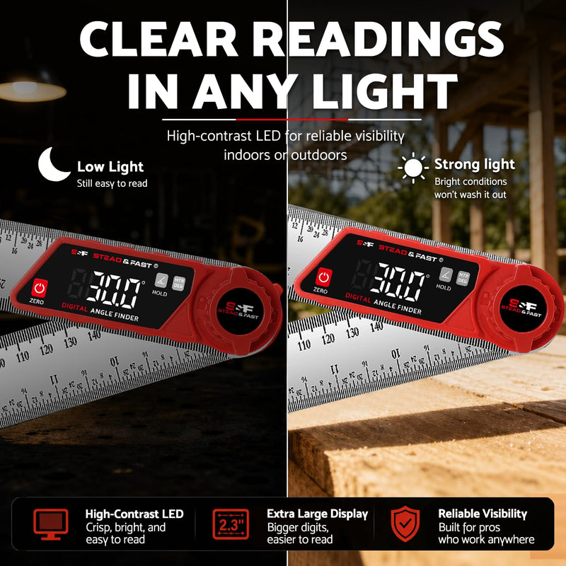 S&F STEAD & FAST Digital Angle Finder with Miter Button, 7 Inch / 200 mm | Secure lock knob, XL LED Display, Stainless steel arms, High-precision, Versatile protractor, for Miter saw & Crown molding Red