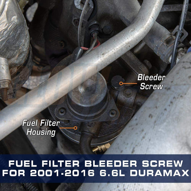 GlowShift Fuel Filter Bleeder Screw Compatible with Chevy GMC 6.6L Duramax 2001-2016 - Carbon Steel with Black Oxide Finish - Replaces Plastic Bleeder Screw