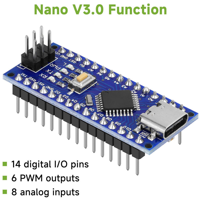5pcs Nano V3.0 Board with Cable ATmega328P MCU CH340G Chip 5V 16M Microcontroller Compatible with Arduino Nano (Soldered, Type-C Port) 5pcs Type-C