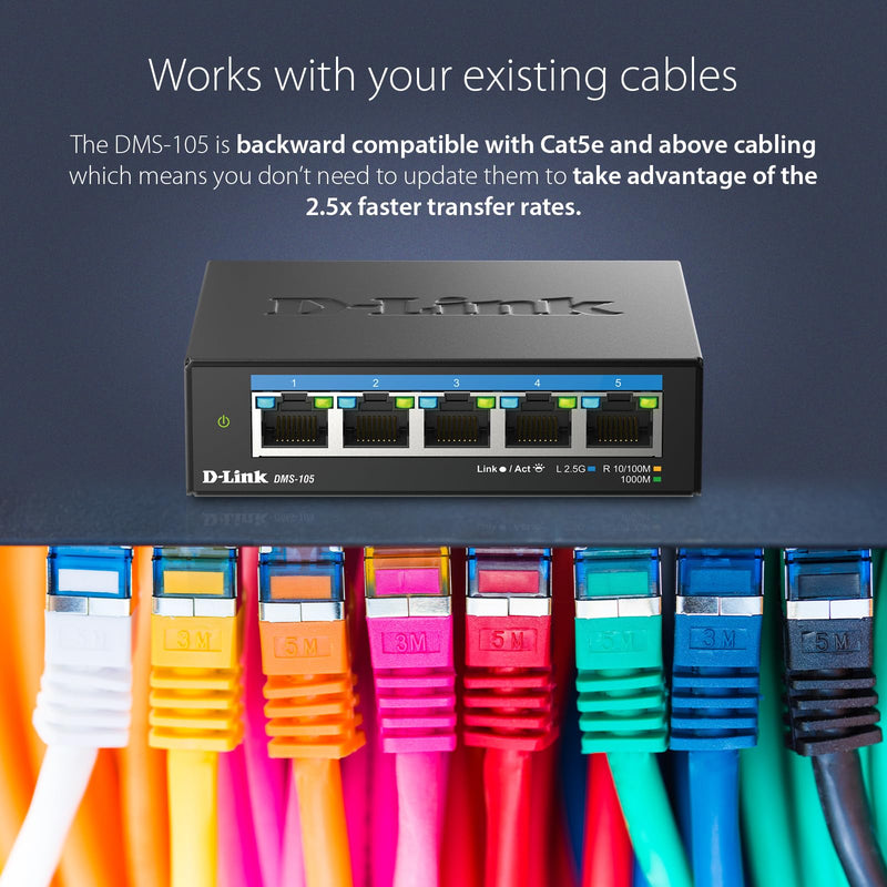 D-Link 5-Port 2.5GB Unmanaged Gaming Switch with 5 x 2.5G - Multi-Gig, Network, Fanless, Plug & Play (DMS-105),Black 5 x 2.5G Port Multi-Gig Switch