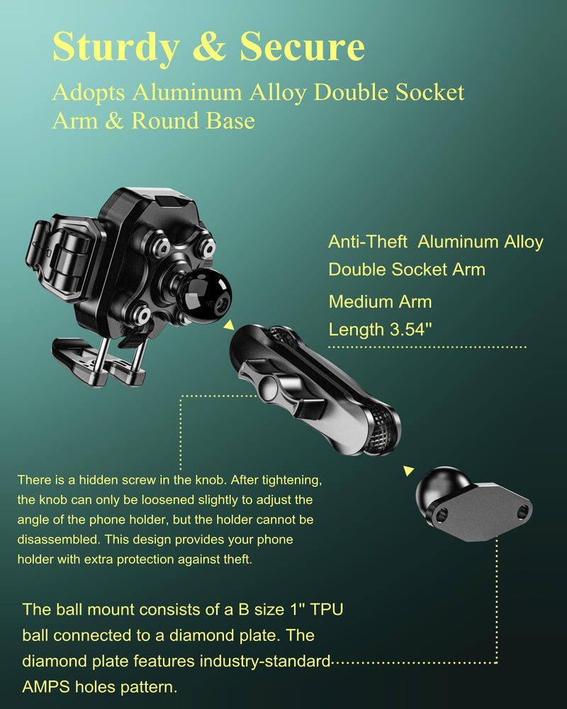 BRCOVAN Anti-Theft Phone Mount Holder with Vibration Dampener, 1s Locking | Don't Block Camera, with Aluminum Diamond Base & Medium Arm, for Car Boat Truck Motorcycle UTV, Fit 5.4-7.2'' Smartphones