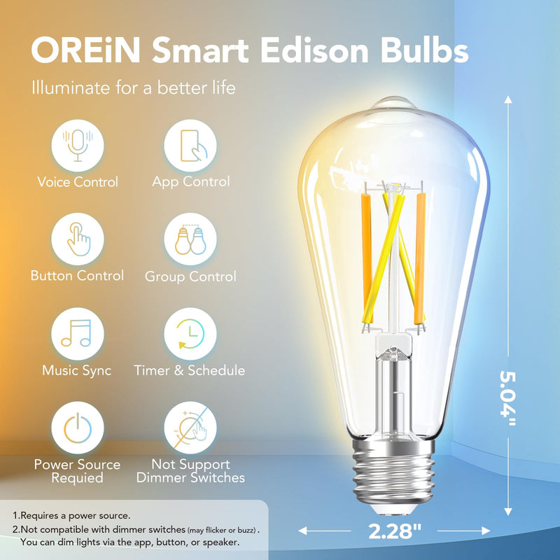 OREiN Smart Edison Light Bulbs, 2.4 Ghz Wi-Fi ST19(58) Vintage Light Bulbs E26, 800LM Dimmable via app, 2700-6500K Tunable, Smart LED Filament Bulb Works with Alexa/Google Home, 60W Equivalent 4Pack ST19-4Pack