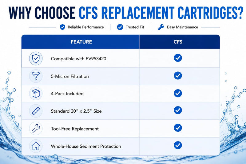 CFS – Compatible with EV953420 Models Sediment Water Filter Cartridges 4-Pack – 5 Micron Whole House Pre-Filter Replacement – Removes Dirt, Rust & Sand
