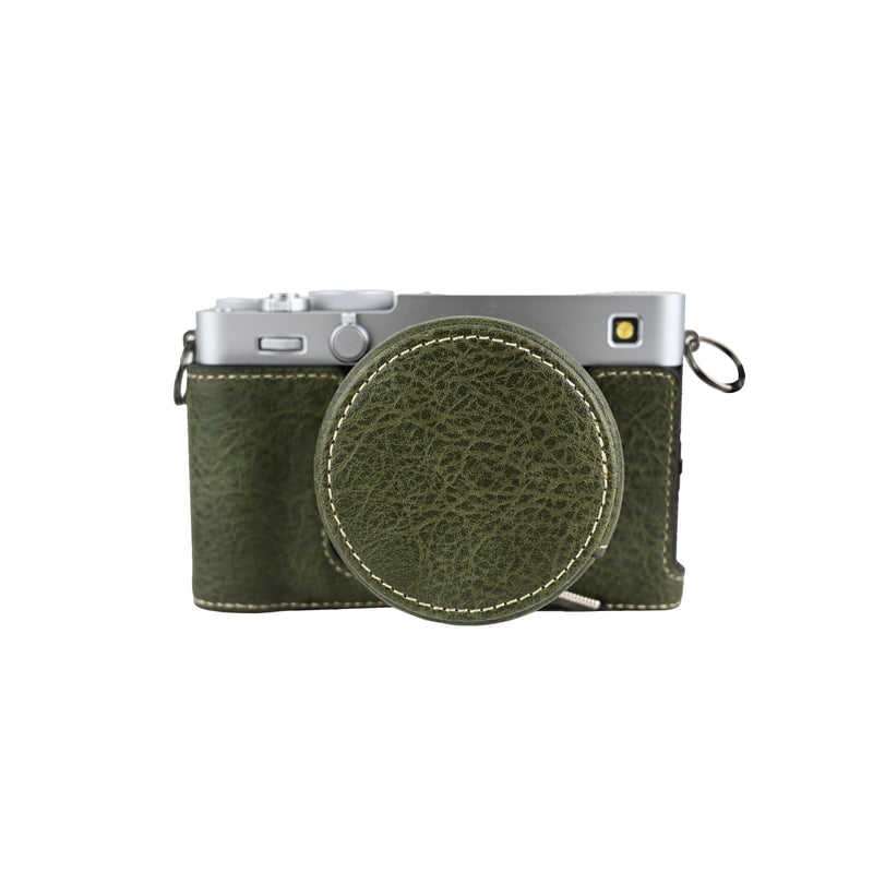 X-E5 Case, Handmade PU Leather Half Camera Case Bag Cover Bottom Opening Version for Fujifilm X-E5 XE5 With Neck Strap Lens Cover (Green) Green
