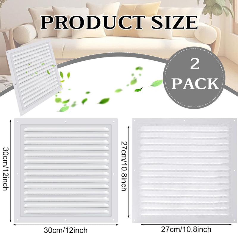 2 Pcs 12" x 12" Gable Vent Shed Attic Vent with Screen Mesh Square Metal Vent Covers Vent Grille for Exterior Door House Attic Garage Ceiling, Boost Ventilation and Guard Against Moisture (White) White