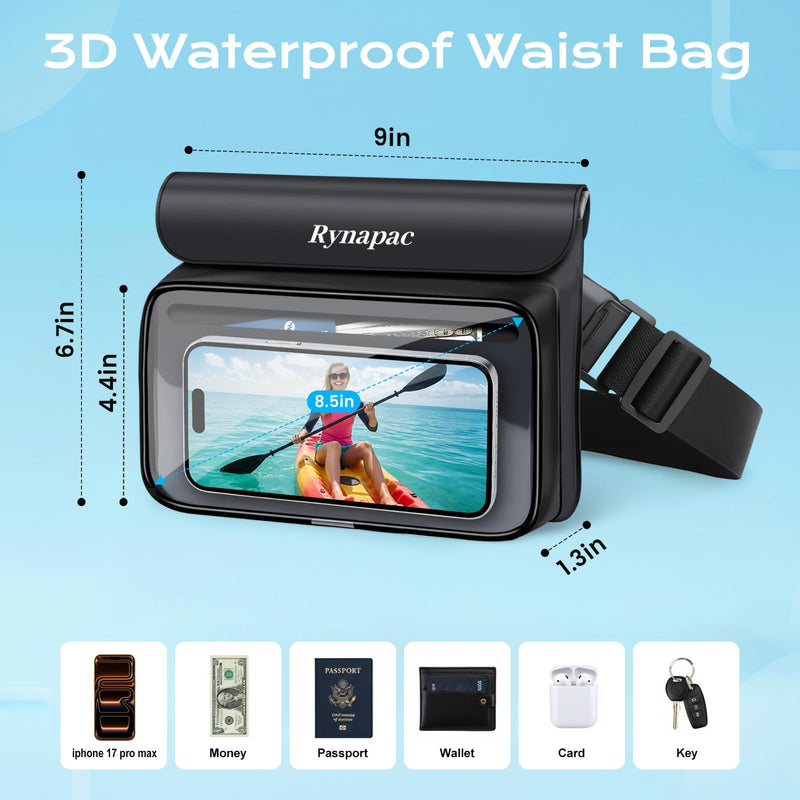 IPX8 Waterproof Fanny Pack, [Up to 8.5"] Waist Bag for Women, Floating Phone Pouch Dry Bag for iPhone 17 16 15 Pro Max, Passport, Wallet, Card, Travel Beach Kayaking Boating Essentials, 2 Pack Black + Pink