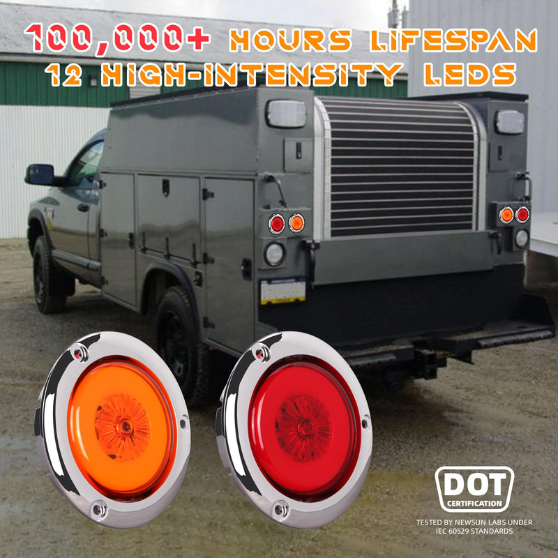 NEW SUN 8-Pack Premium 2.5 Inch Round LED Marker Lights, IP67 Waterproof, Halo & Neon Design, Stainless Chrome Bezel, Flange Mount for Utility Trailer, Camper, Truck, Pick-up, Boats, Red & Amber 4 Pcs Amber 4 Pcs Red