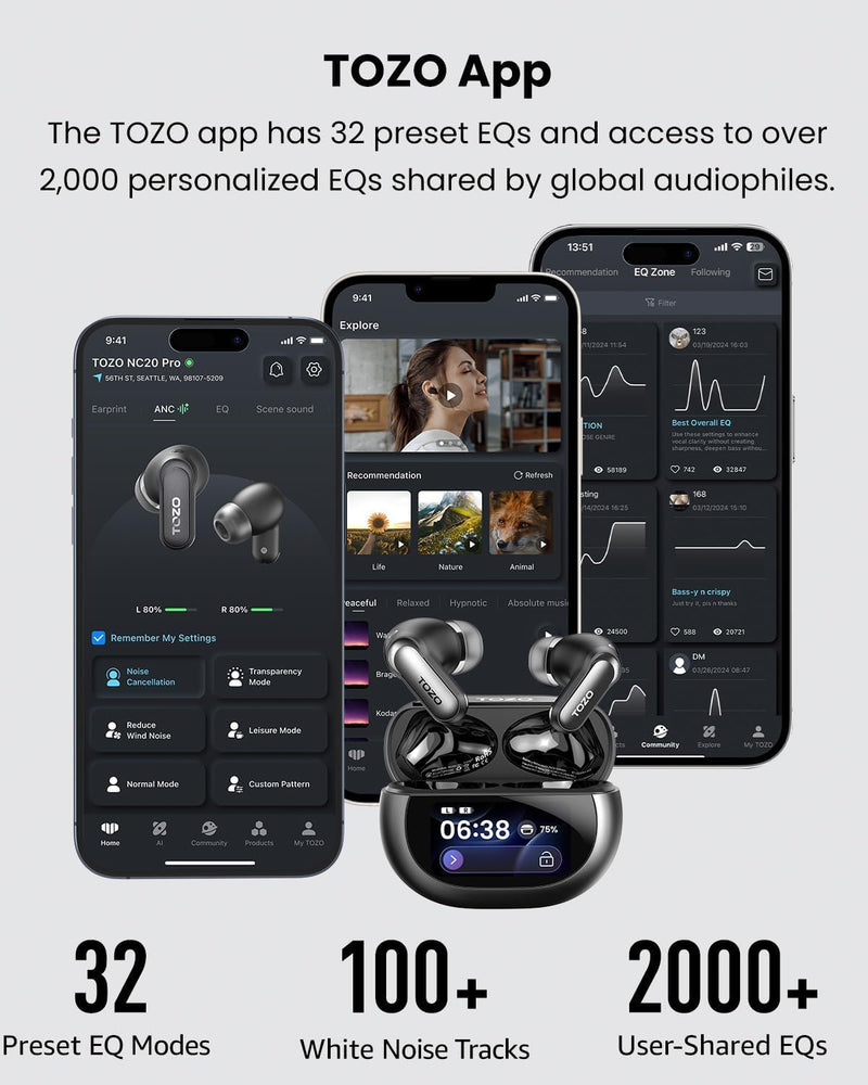 TOZO NC20 Pro Active Noise Cancelling Wireless Earbuds, Smart LCD Screen | LDAC Hi-Res Audio, Stereo Bass, 6 Mics AI Call Ear Buds, 80H Playtime, IPX8 Waterproof, 32 EQ via App Wireless Charging Black Ink Black Small LCD Smart Screen
