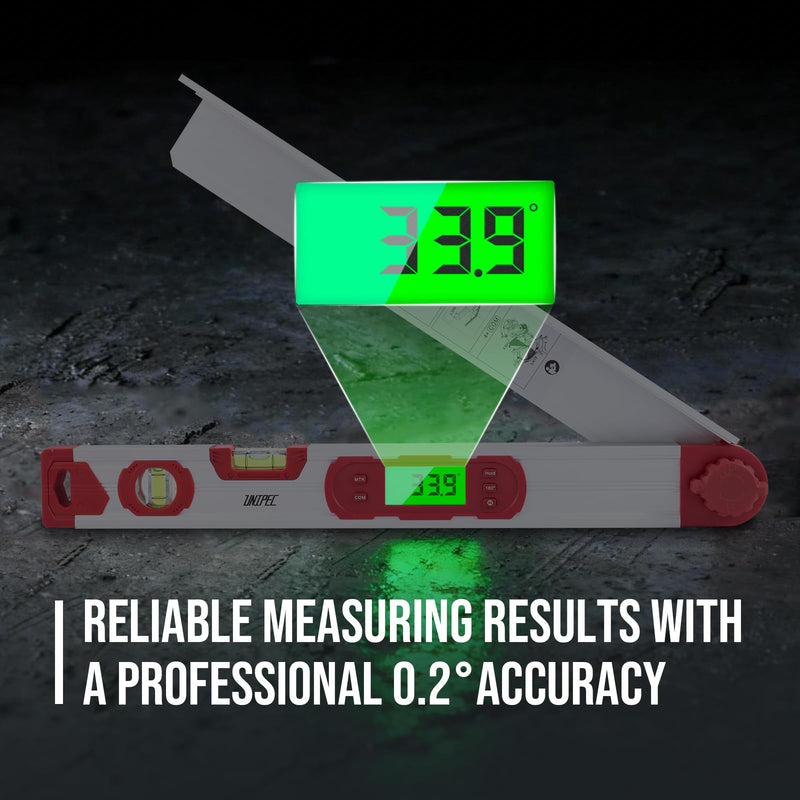 16-Inch Digital Angle Finder with MTR & COM, ±0.2° Accuracy for Woodworking & DIY | 0–220° Protractor, Backlit LCD, Aluminum Alloy Angle Gauge with Leg Extension, Vertical/Horizontal Levels