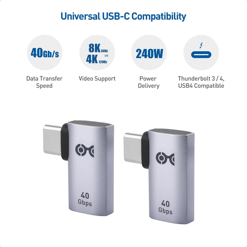 Cable Matters 2-Pack 40Gbps Flat Right Angle USB C Adapter with 240W PD (90 Degree USB C Adapter) in Black - Thunderbolt 4, USB4, Thunderbolt 3 Port Compatible with iPad Pro, iPhone 15, Steam Deck