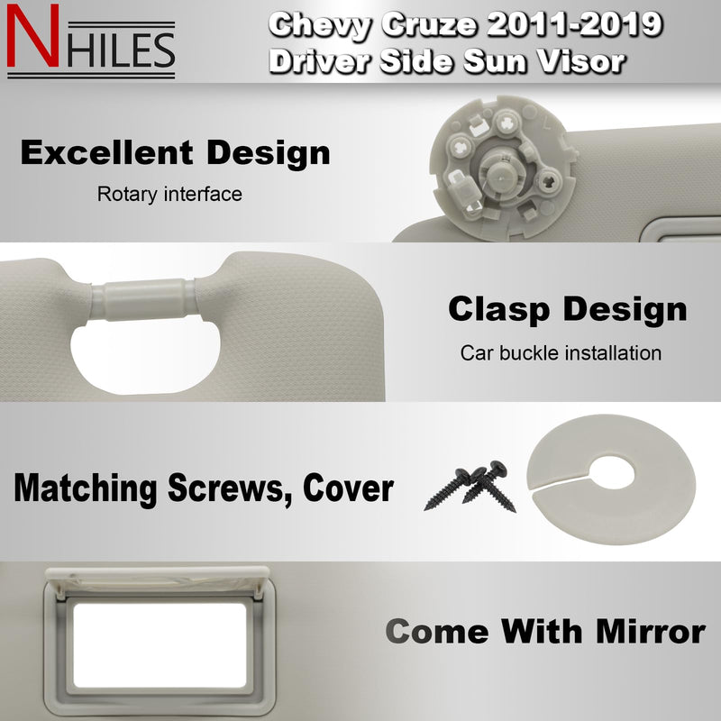 NHILES Left Driver Sun Visor Compatible with Chevy Cruze 2011-2019 Sun Visor Replacement Number 95034256 95034253 84126667 84126658 Color: Grey Left Gray
