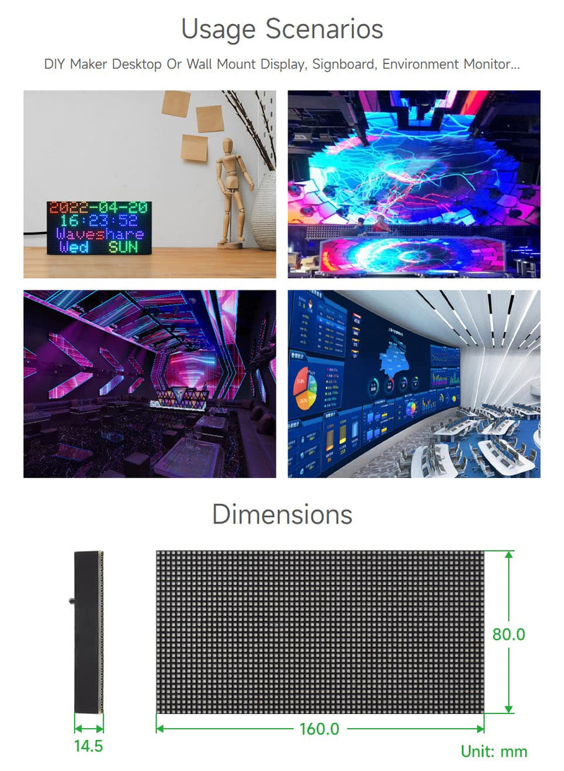 waveshare RGB Full-Color LED Matrix Panel, 2.5mm Pitch, 64×32 Pixels, Adjustable Brightness, Compatible with Raspberry Pi 5/4B/3B/Zero/Zero W/Zero 2W/Pico/Pico W/Pico WH